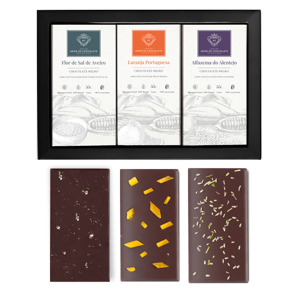 Conjunto de Degustação | 3 Tabletes de Chocolate Negro Selecionadas